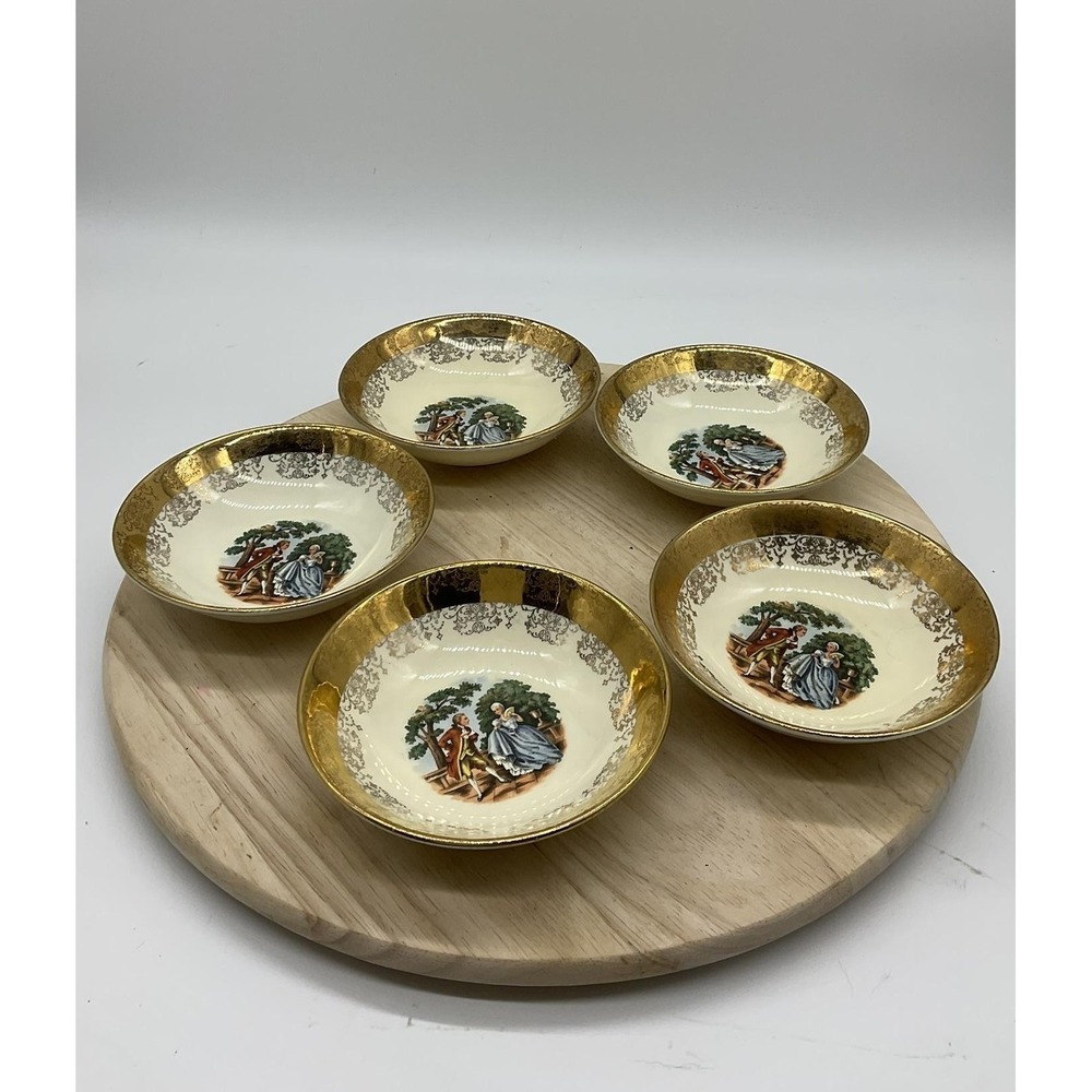Vintage Sabin Crest-O-Gold Dessert Bowls Set 5 Gold Courting Couple Scene Rococo